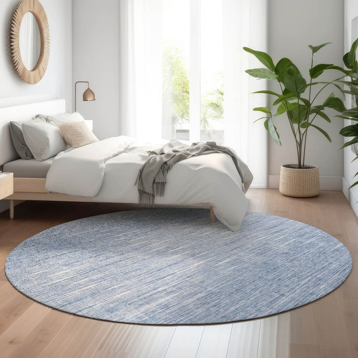 8' Abstract Washable Round Rug With UV Protection - Denim Blue And Ivory