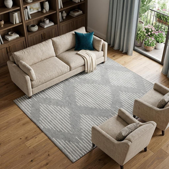 10' X 14' Geometric Washable Area Rug With UV Protection (679738) - Gray / Ivory