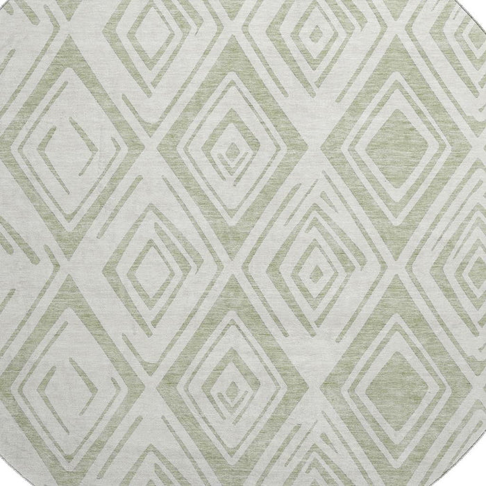 8' Diamond Washable Round Rug With UV Protection - Artichoke Green And Ivory