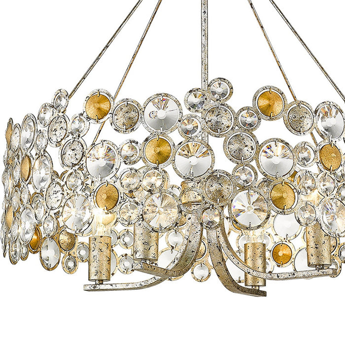 Shaded four-light metal and crystal chandelier with silver shades, dimmable lighting, from HomeRoots, stylish and modern ceiling fixture.