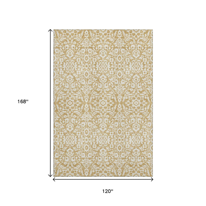 10' X 14' Damask Washable Area Rug With UV Protection (673121) - Gold / Ivory