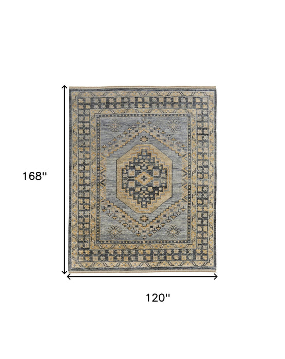 10' x 14' Wool Oriental Hand Knotted Area Rug With Fringe - Blue Gray And Tan