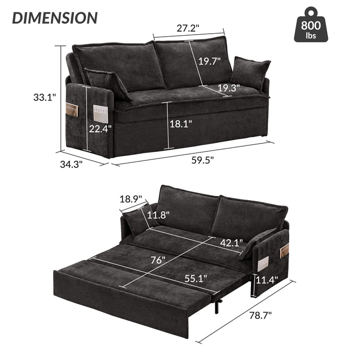 Giga pull-out sofa bed with convertible sleeper design, side storage, and built-in USB-C charging ports in a modern living room setting.