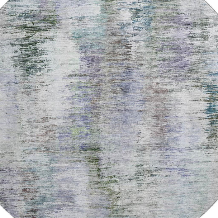 8' Abstract Washable Round Rug With UV Protection - Green And Gray