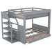 Gray Giga wood full-size convertible bunk bed with storage staircase, bedside table, and three drawers in a modern bedroom setting.