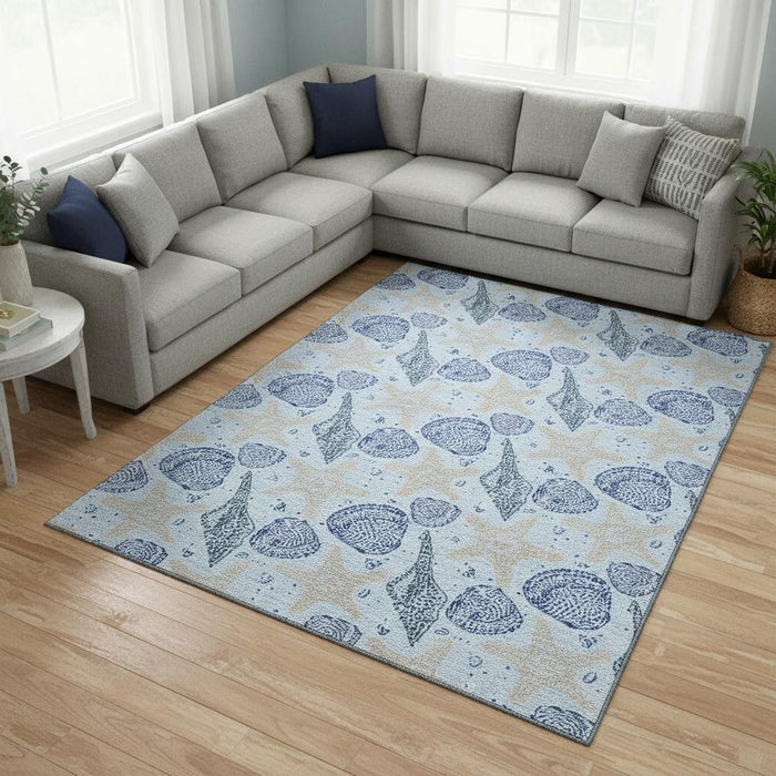 10' X 14' Geometric Washable Area Rug With UV Protection (645774) - Blue / Beige