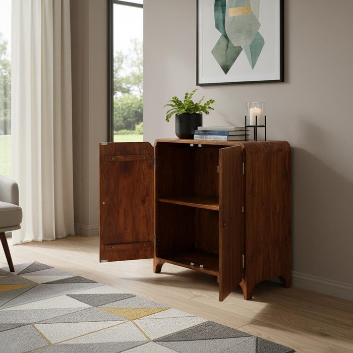 32" Solid Wood Scallop Edge Accent Cabinet With Two Doors - Brown