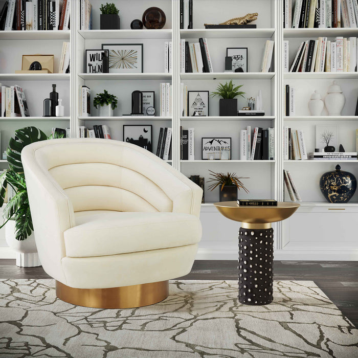 Blaze glass and brass side table by TOV Furniture with a light brown finish, featuring a sleek round tabletop and modern design.