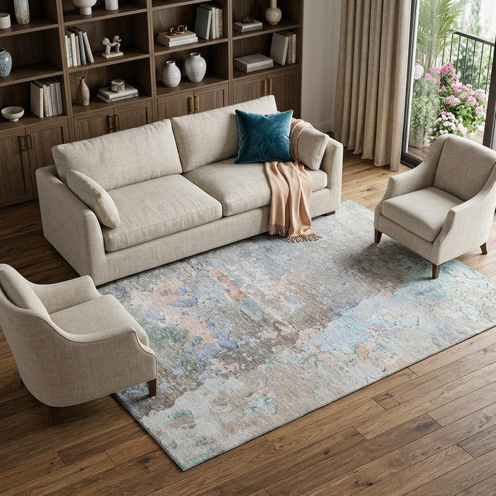 10' X 14' Abstract Washable Area Rug With UV Protection (692214) - Taupe / Blue / Gray