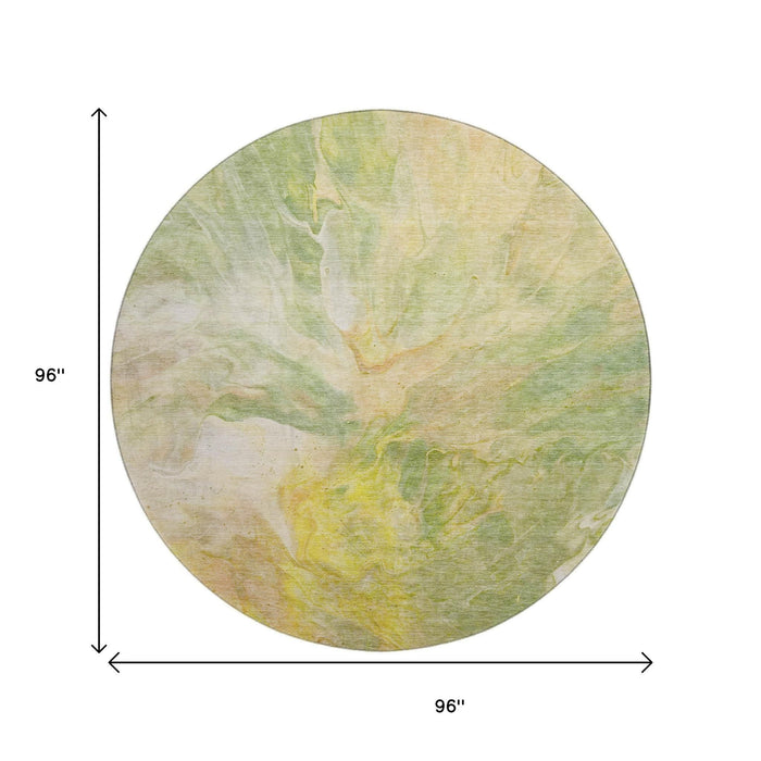 8' Abstract Washable Round Rug With UV Protection (653485) - Green / Peach / Yellow