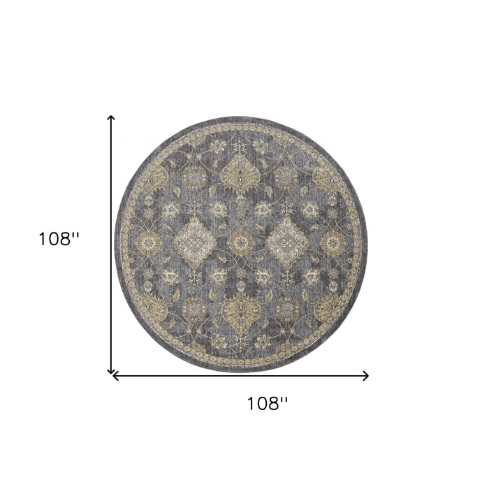 9' Machine Woven Bordered Floral Vines Round Indoor Area Rug - Slate Gray