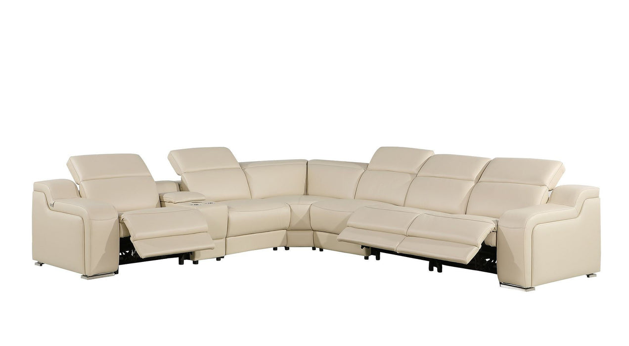 Italian Leather Power Reclining Curved 7 Piece Corner Sectional With Console - Beige