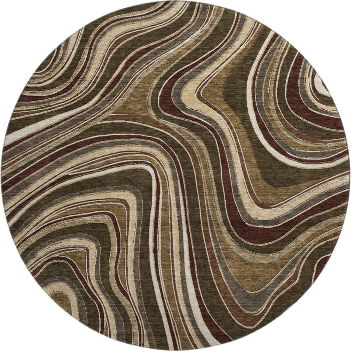 8' Marble Washable Round Rug With UV Protection - Brown