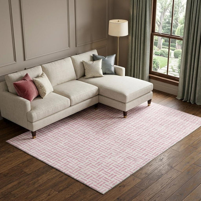 10' X 14' Geometric Washable Area Rug With UV Protection (677267) - Pink / Ivory