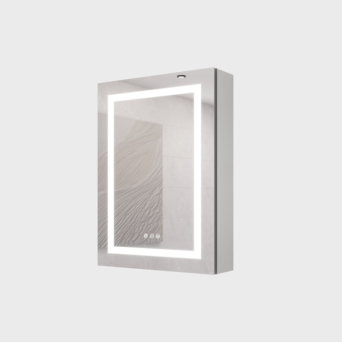 Silver Giga 20x28" bathroom medicine cabinet with LED mirror, anti-fog, waterproof, dimmable lights, single door, touch switch.