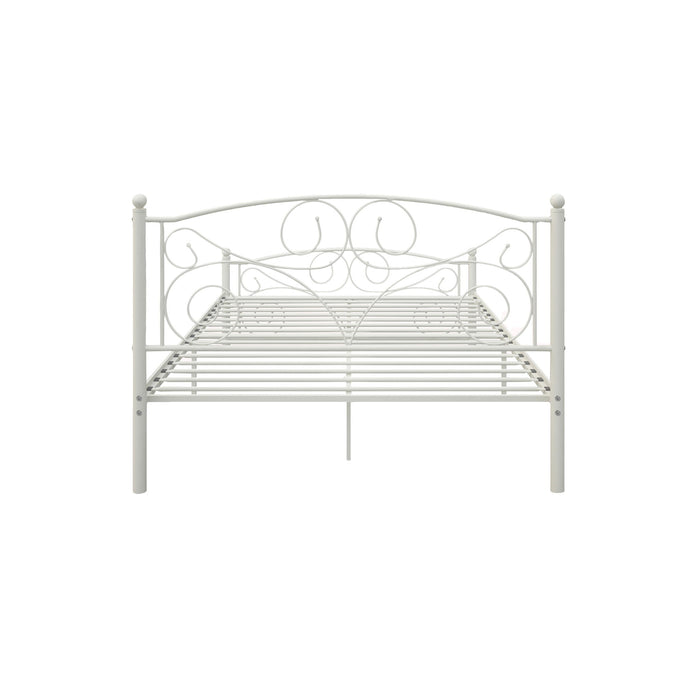 Giga white metal platform bed frame with full unique flower design, sturdy headboard and footboard