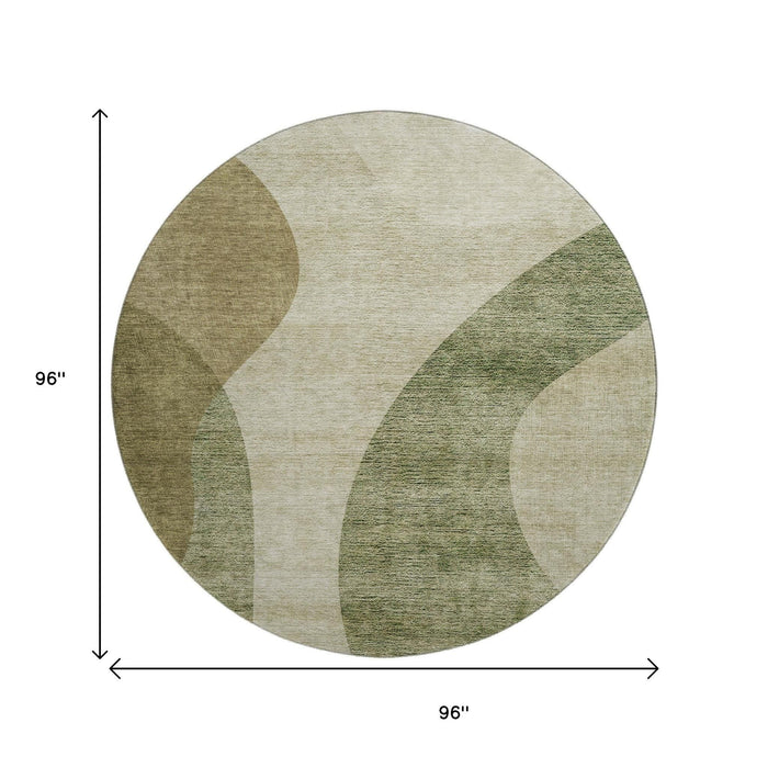 8' Geometric Washable Round Rug With UV Protection (654823) - Beige / Olive Green