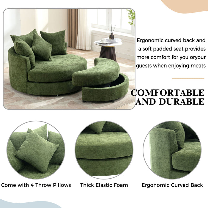 Giga 360° swivel accent barrel chair with matching storage ottoman and four decorative pillows, modern round living room seating