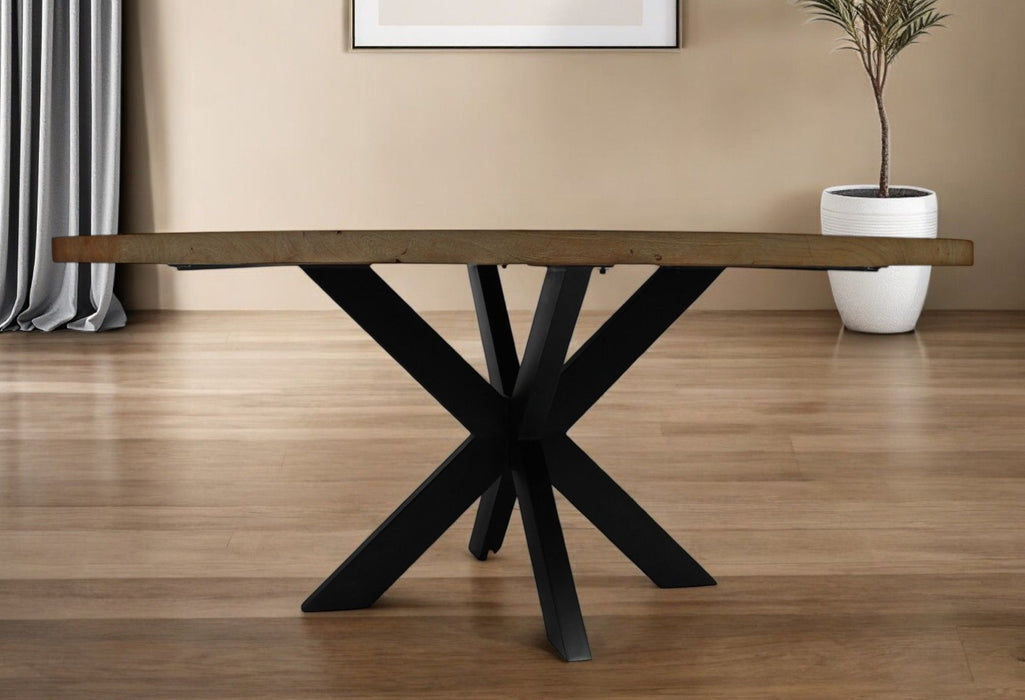 60" Rounded Solid Wood And Iron Pedestal Base Dining Table - Black / Natural