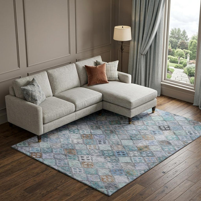 10' X 14' Geometric Washable Area Rug With UV Protection (683812) - Blue / Copper / Silver