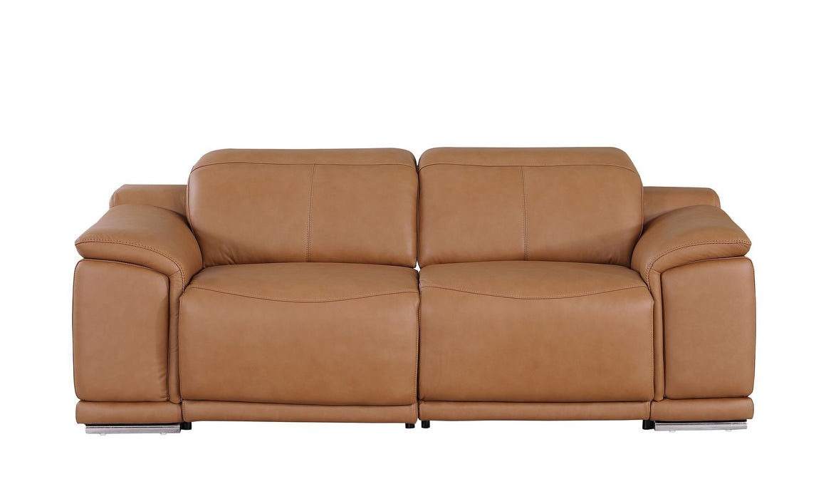 Italian Leather Power Reclining Loveseat - Chestnut / Silver