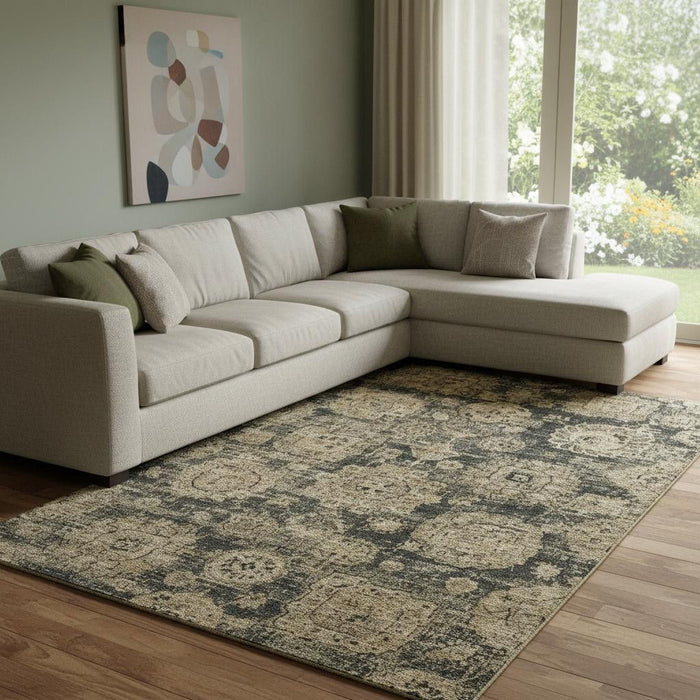 8' X 10' Floral Washable Area Rug With UV Protection (653192) - Charcoal / Brown