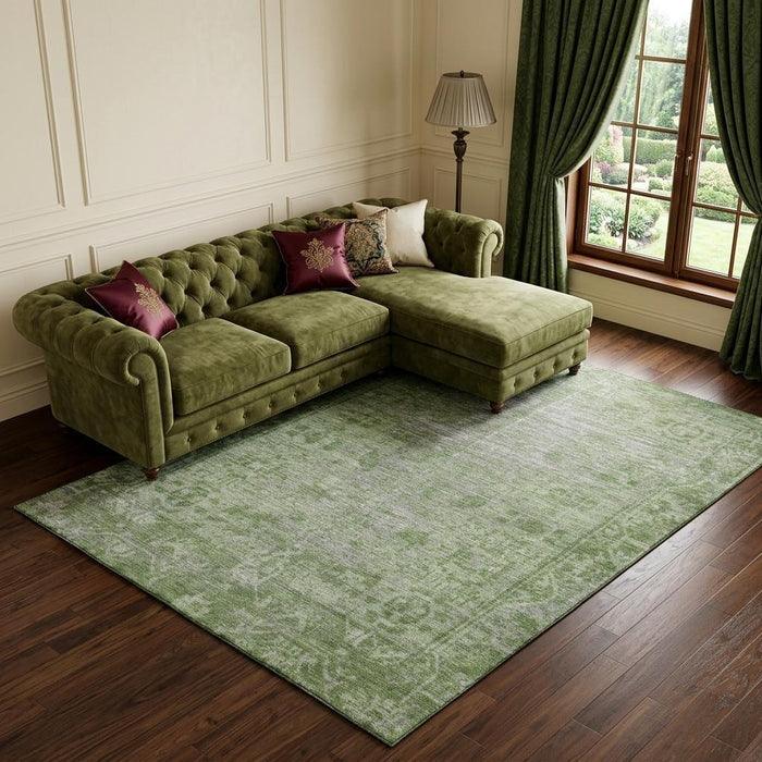 10' X 14' Oriental Washable Area Rug With UV Protection (691932) - Fern Green / Silver