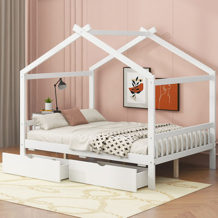 Giga house style platform bed with headboard, footboard, built-in storage drawers, and roof design for cozy bedroom decor.