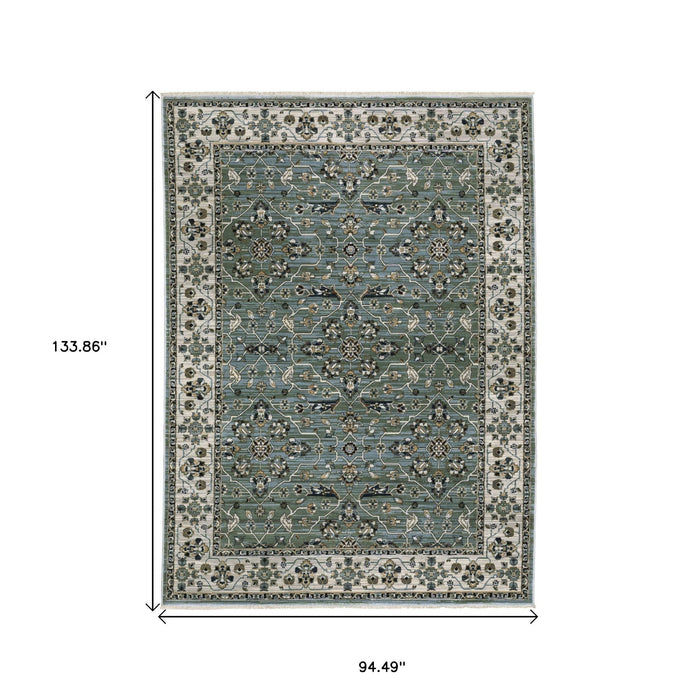 8' X 11' Floral Area Rug With Fringe - Blue And Green
