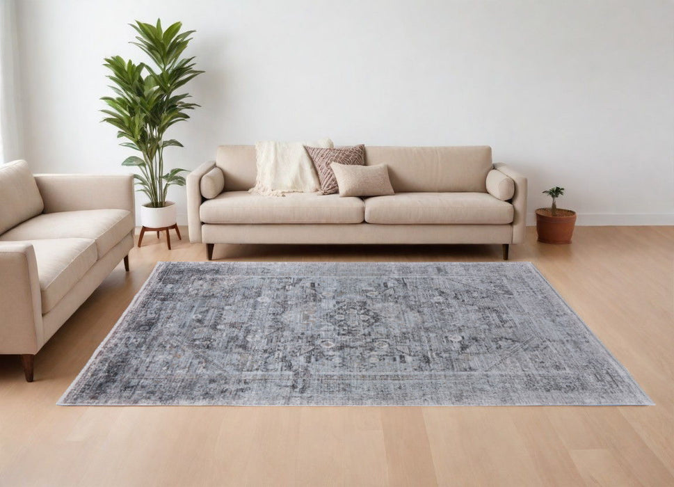 9' x 13' Oriental Power Loom Worn Faded Area Rug - Gray And Silver