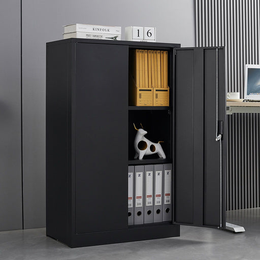 Giga metal storage cabinet with locking doors, adjustable shelves, ideal for home office, school, or garage storage.