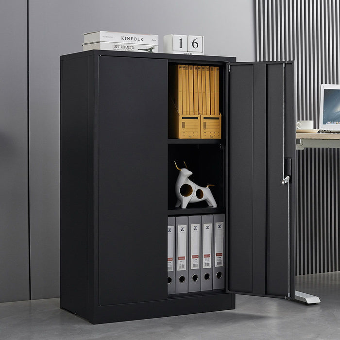 Giga metal storage cabinet with locking doors, adjustable shelves, ideal for home office, school, or garage storage.