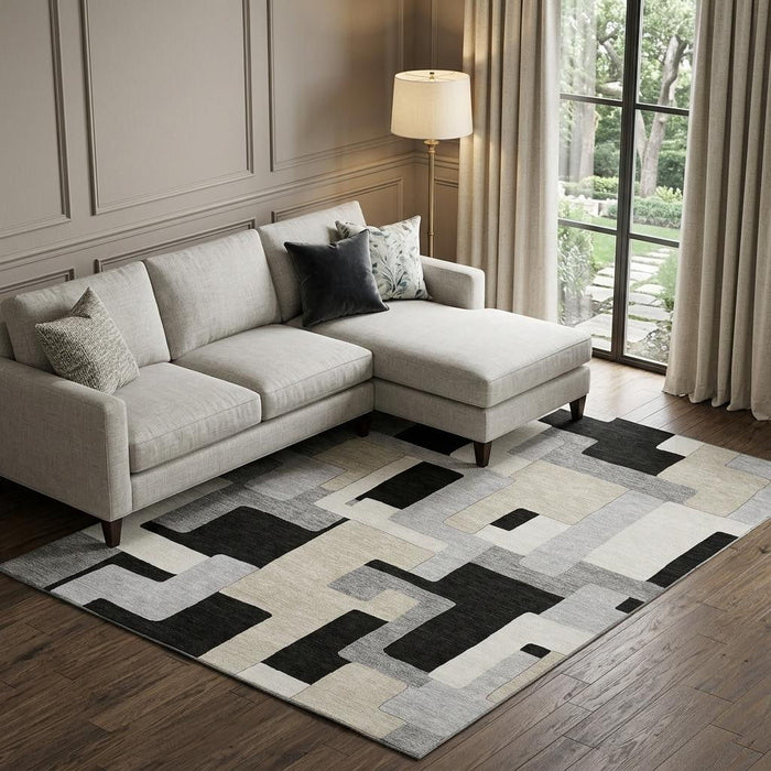 10' X 14' Geometric Washable Area Rug With UV Protection (675696) - Black / Ivory / Beige