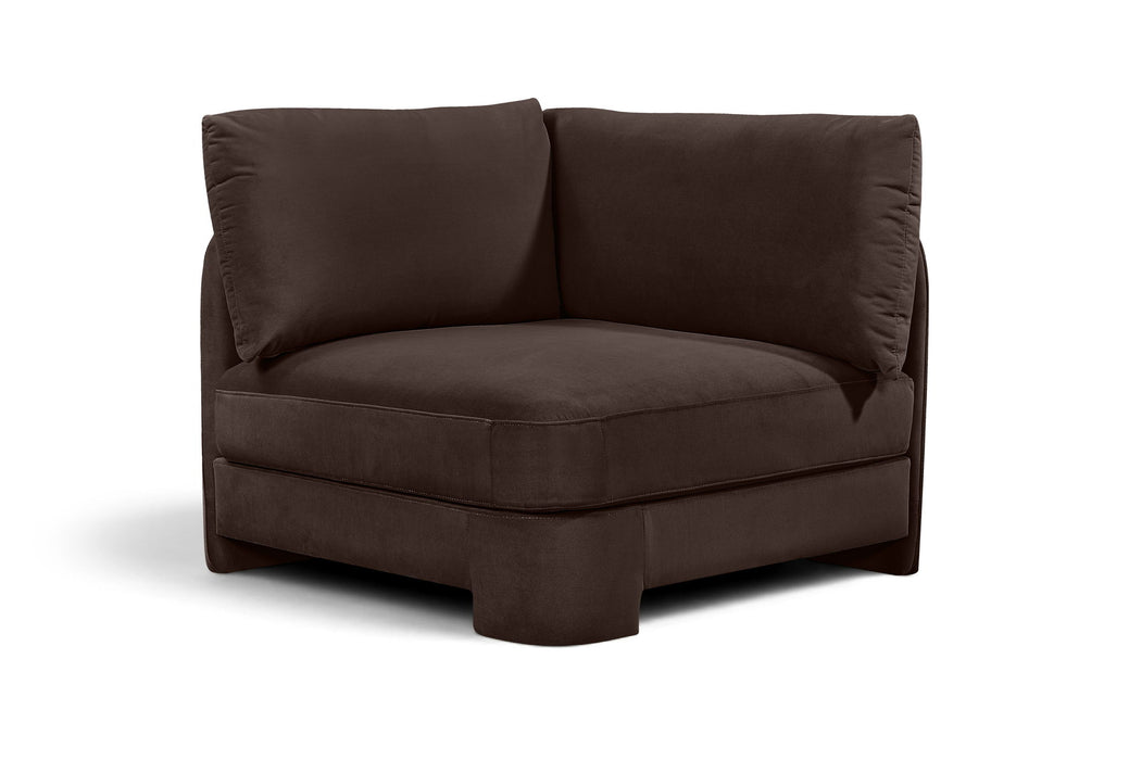 Meridian Furniture Hammond velvet performance fabric upholstered corner chair, stationary seating with plush velvet finish.