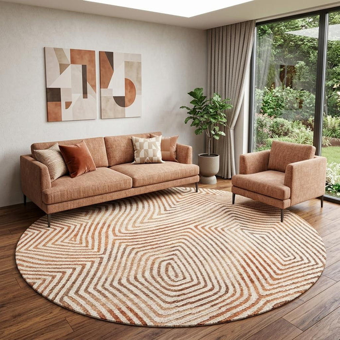 8' Geometric Washable Round Rug With UV Protection (609993) - Beige / Orange / Brown
