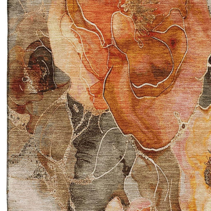 10' X 14' Floral Washable Area Rug With UV Protection (706067) - Orange / Beige / Taupe