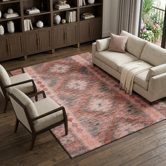 10' X 14' Geometric Washable Area Rug With UV Protection (691854) - Terra Cotta / Gray / Silver