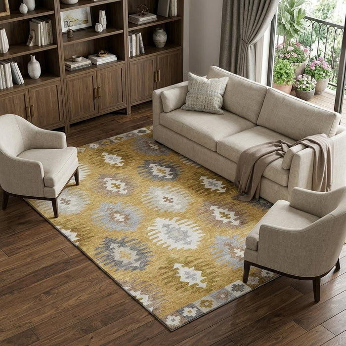 10' X 14' Southwestern Washable Area Rug With UV Protection (677621) - Gold / Gray / Silver