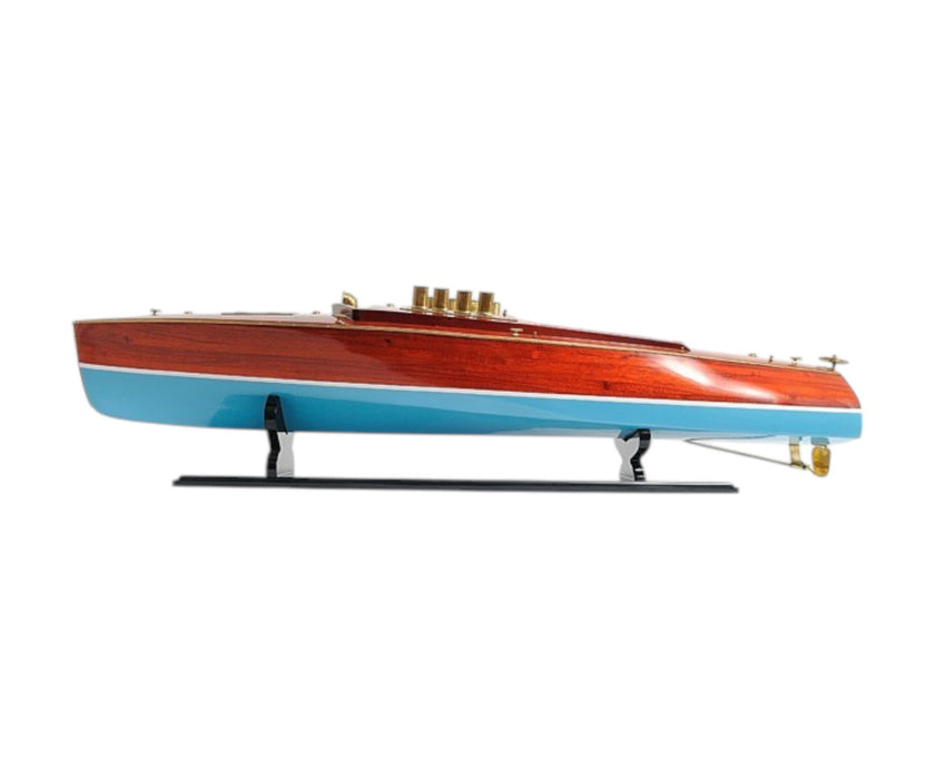 Hand Painted Model Boat Tabletop Sculpture - Blue / Brown
