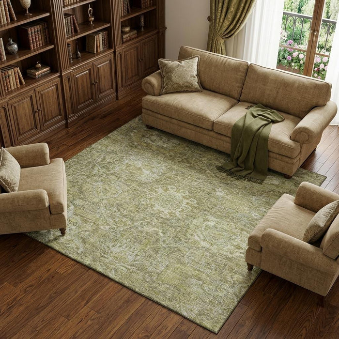 10' X 14' Damask Washable Area Rug With UV Protection (684310) - Sage / Ivory