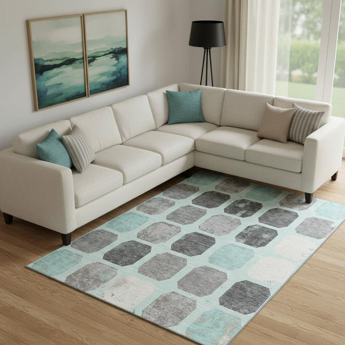 10' X 14' Geometric Washable Area Rug With UV Protection (709216) - Teal / Gray / Ivory