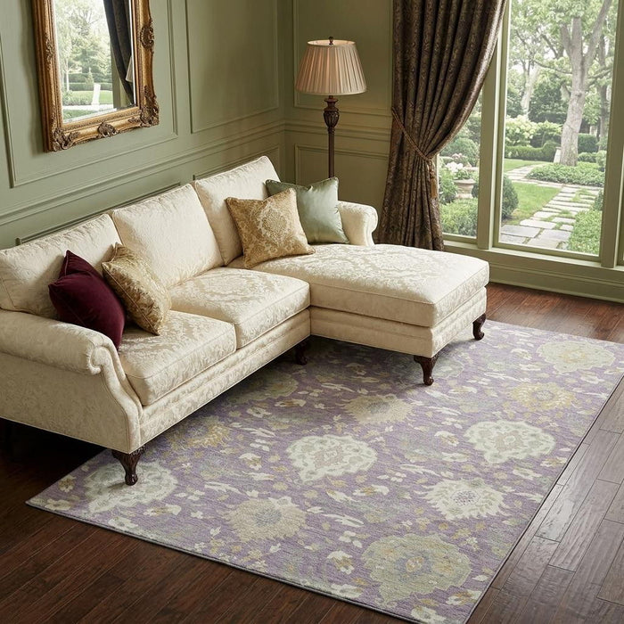 10' X 14' Damask Washable Area Rug With UV Protection (680559) - Lavender / Gold / Ivory