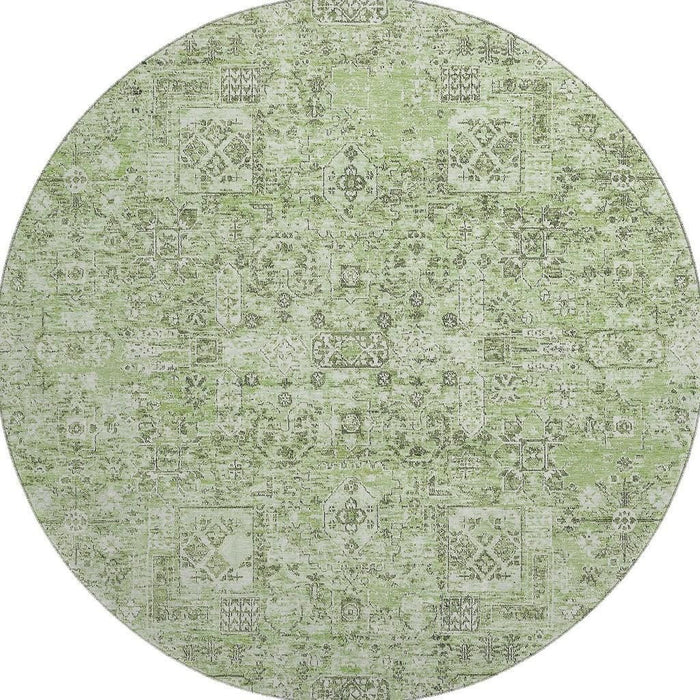 8' Floral Washable Round Rug With UV Protection (651175) - Green / Ivory