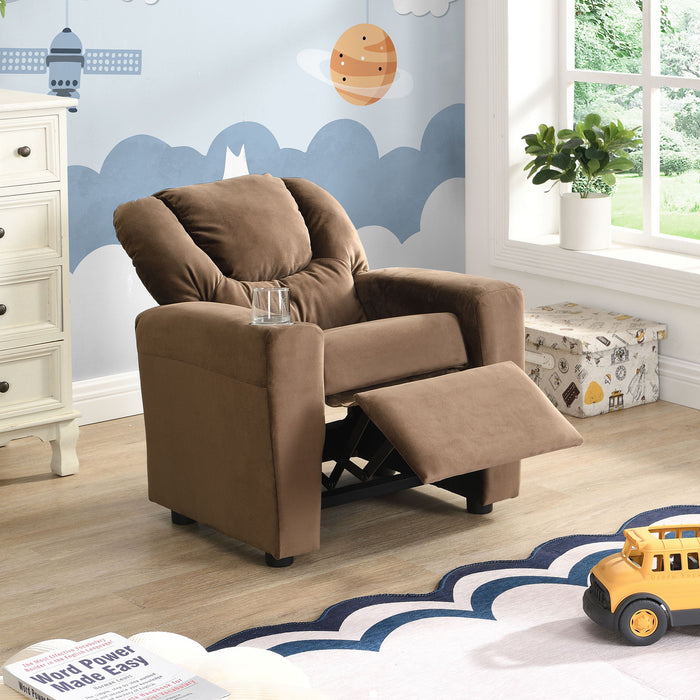 Brown Giga kids recliner chair with headrest, footrest, upholstered couch, and built-in cup holder for toddlers.