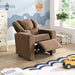 Brown Giga kids recliner chair with headrest, footrest, upholstered couch, and built-in cup holder for toddlers.