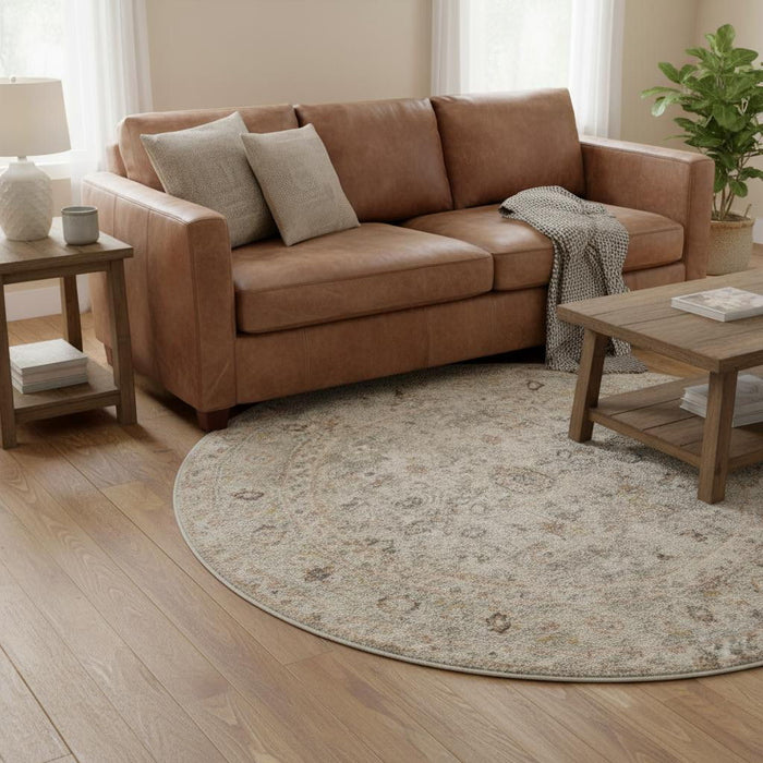 8' Floral Distressed Round Rug (573820) - Light Gray / Black / Yellow