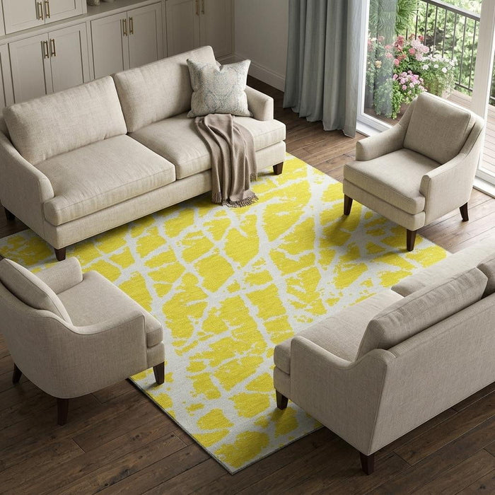 9' X 12' Abstract Washable Area Rug With UV Protection (646601) - Yellow / Ivory