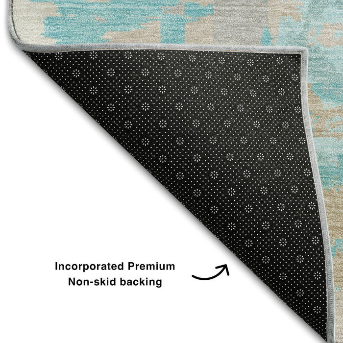 10' X 14' Geometric Washable Area Rug With UV Protection (667885) - Teal / Taupe / Beige