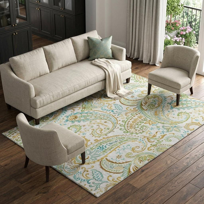 9' X 12' Paisley Distressed Washable Area Rug With UV Protection (647979) - Ivory / Blue / Green