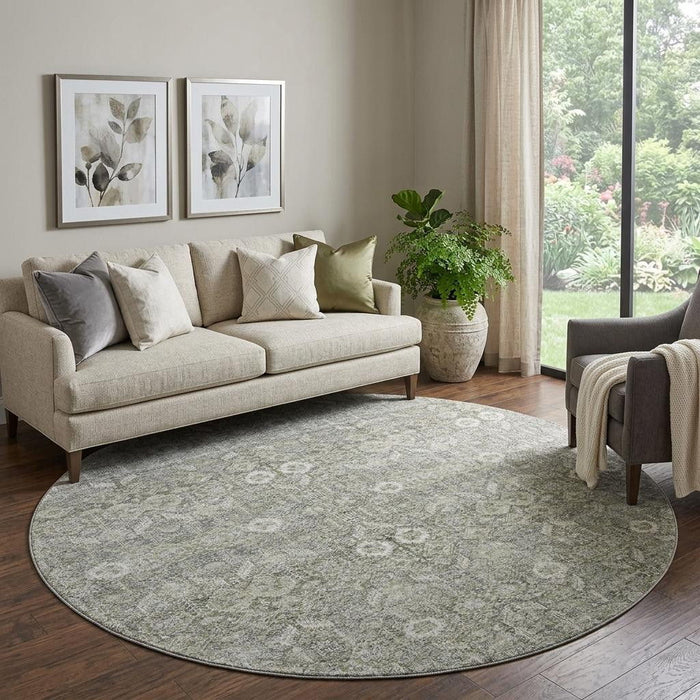 8' Tribal Washable Round Rug With UV Protection (649867) - Gray / Ivory